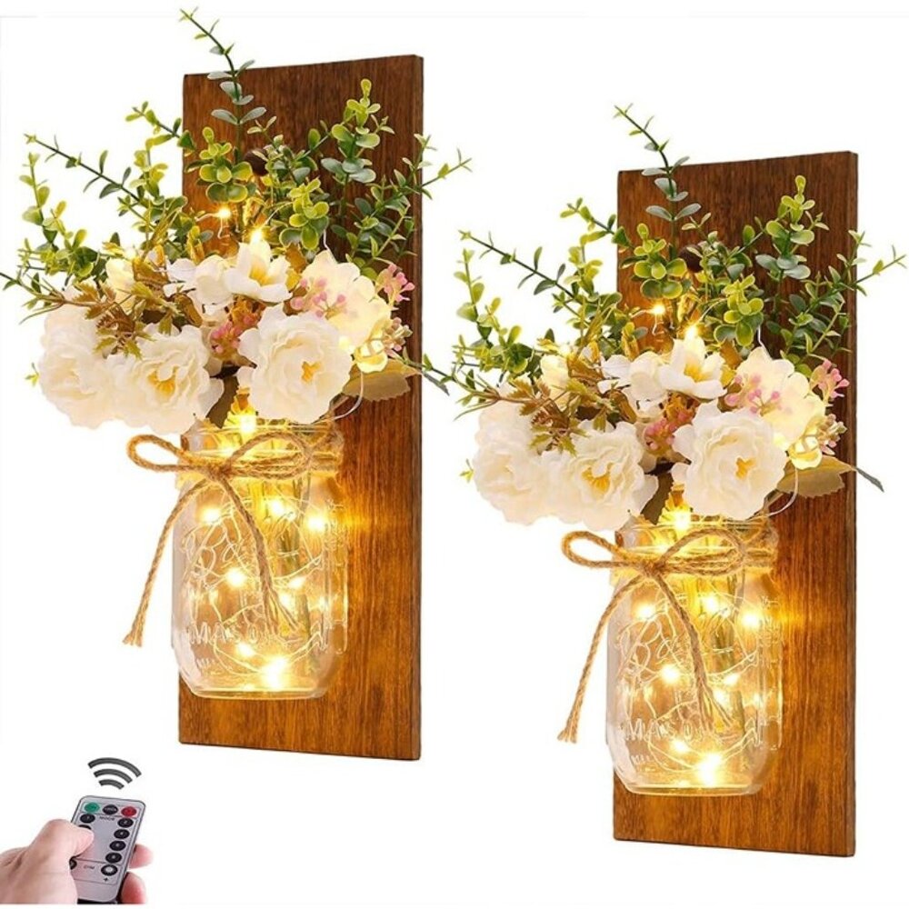 New Rustic Mason Jar Wall Sconces Handmade LED Fairy Light Peony Decor Set of 2
